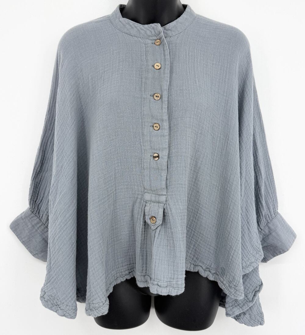 Free People Dusty Blue Gauze Open Dolman Batwing Sleeve Blouse Top Womens XS